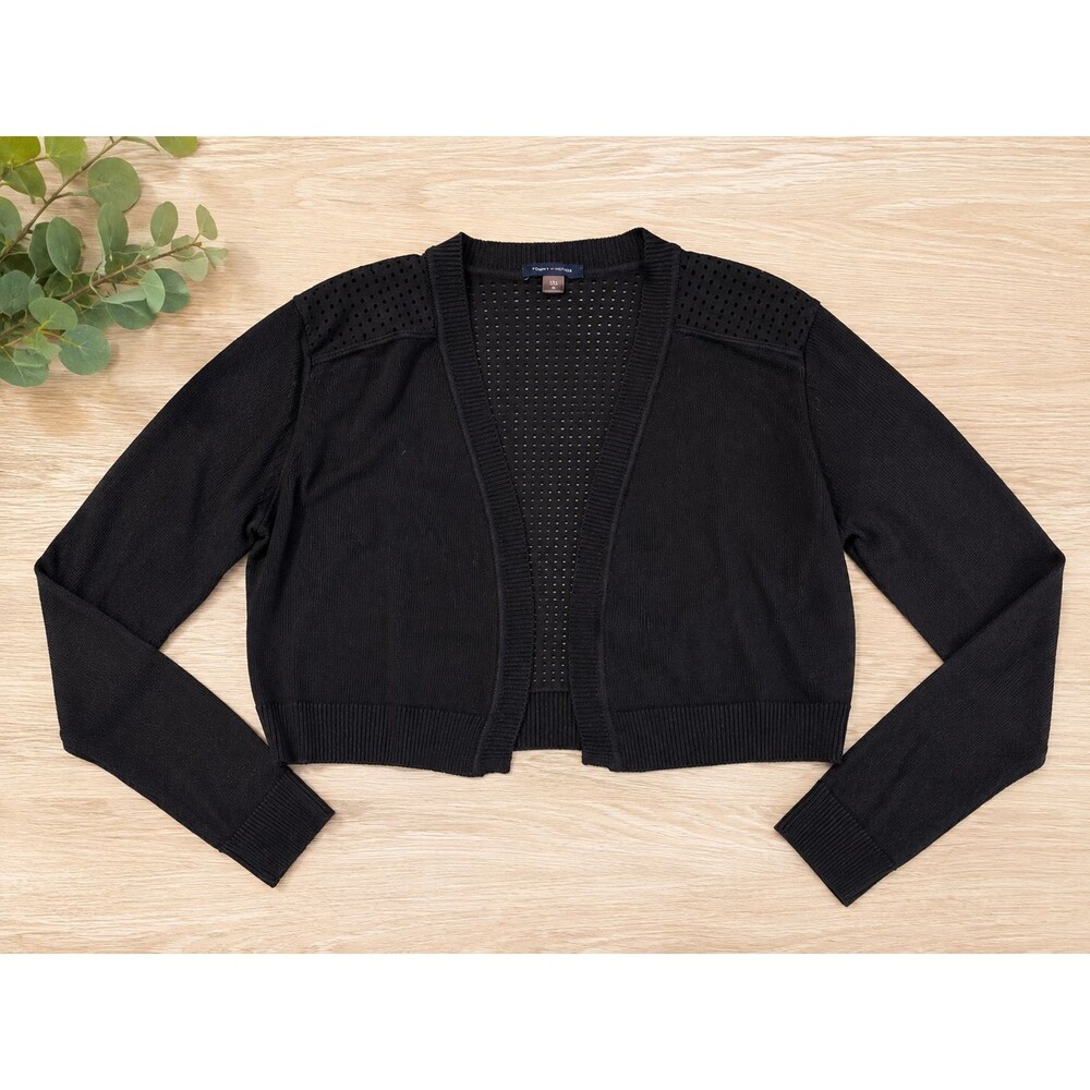 Tommy Hilfiger Womens XL Black Open Front Cardigan Perforated Mesh Back